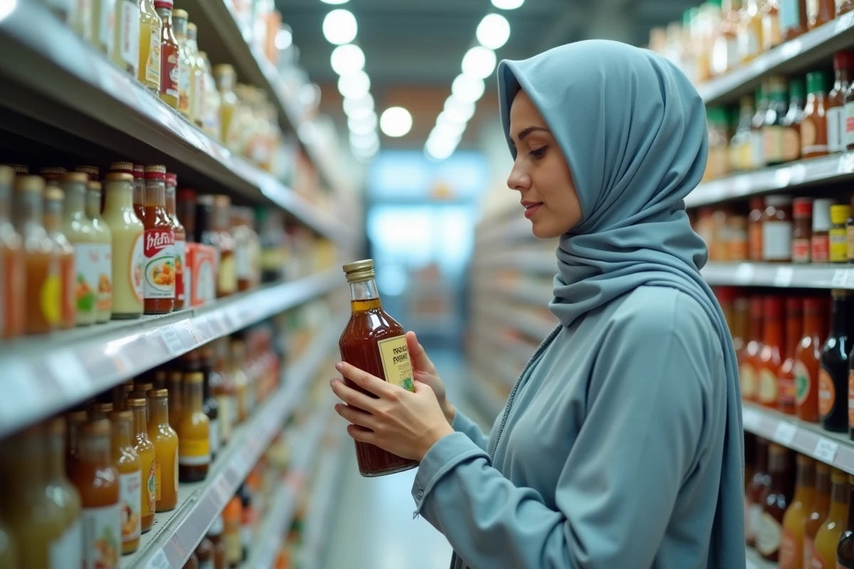 Femme musulmane lisant l'étiquette d'une bouteille de vinaigre dans un supermarché français pour vérifier la certification halal