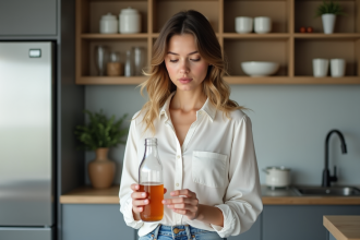 Jeune femme examine l'étiquette d'une boisson gazeuse