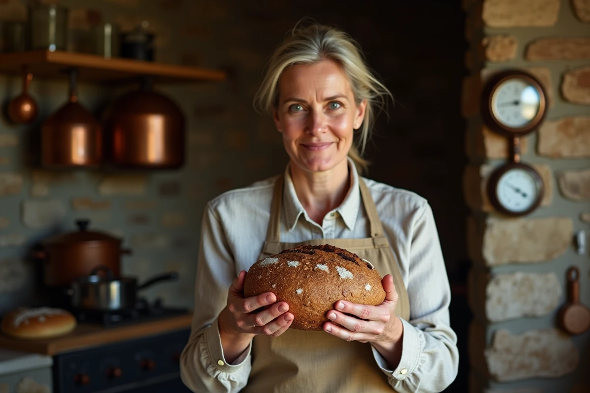 Femme inspectant un pain artisanal sorti d'un four traditionnel dans une cuisine rustique avec murs en pierre