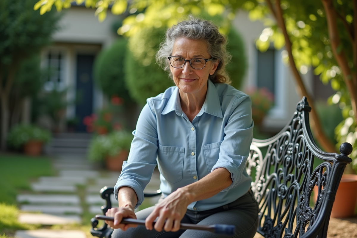 Femme appliquant une couche de protection sur un banc en fer