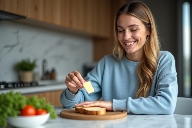 Femme souriante étalant du fromage sur du pain complet