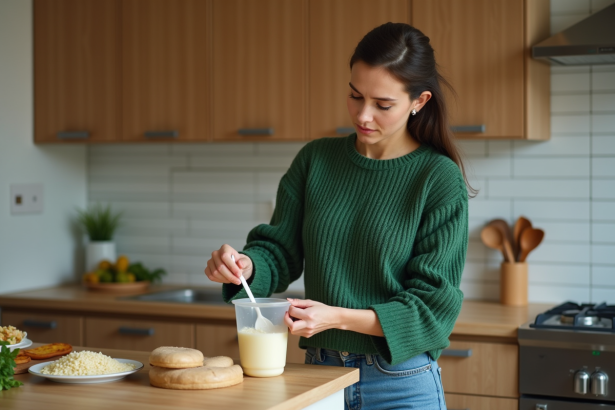 Femme en cuisine verse des flakes de purée instantanee