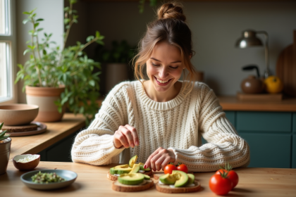 Femme souriante préparant toast à l'avocat dans une cuisine chaleureuse