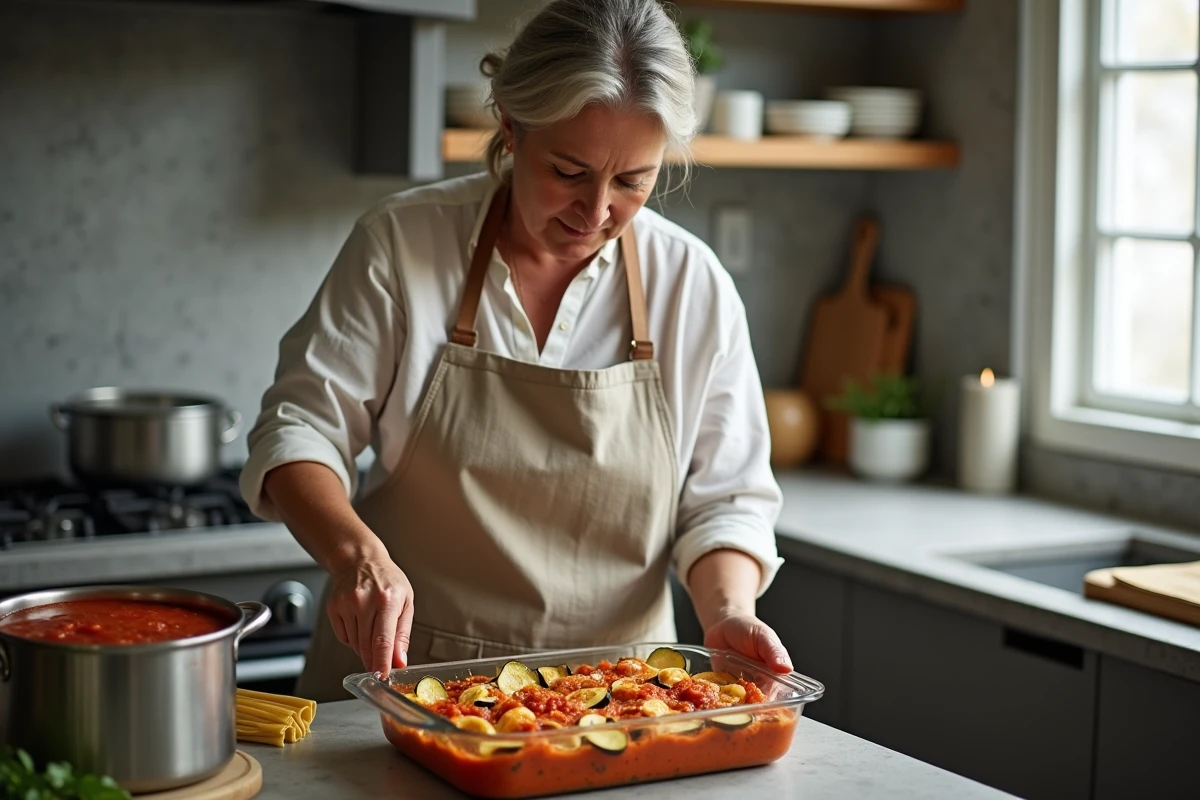 Femme en tablier de lin assemblant des lasagnes aux aubergines rôties dans un plat en verre sur un plan de travail en béton