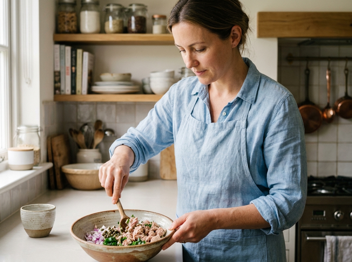 Femme préparant une recette au thon en conserve bio dans un bol en céramique dans une cuisine maison