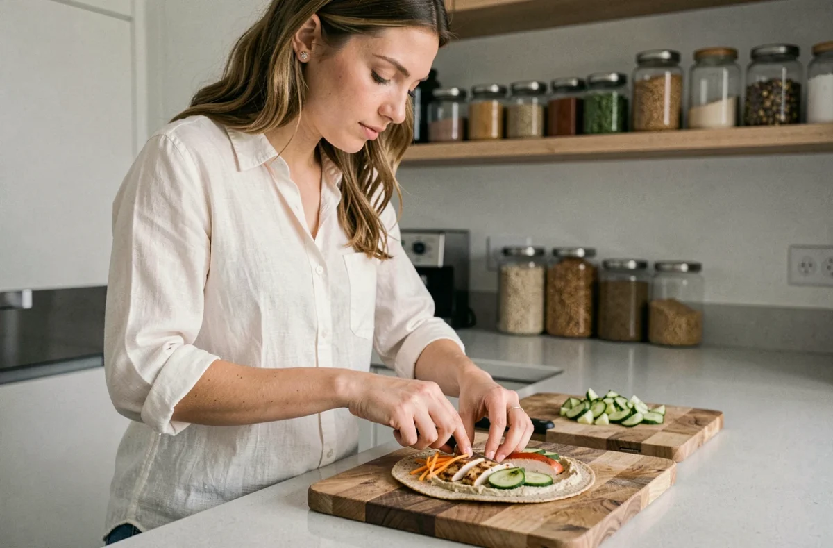 Femme préparant un wrap équilibré au poulet et légumes pour un déjeuner rapide en moins de 20 minutes
