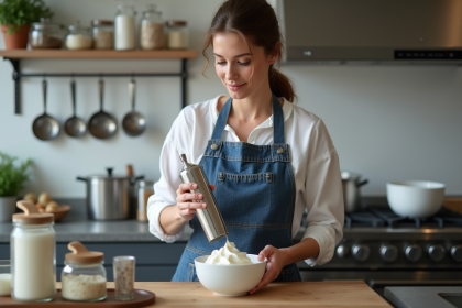 Jeune femme en cuisine préparant la chantilly avec siphon