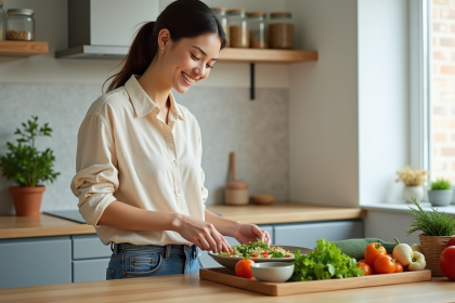 Jeune femme en cuisine préparant une salade colorée