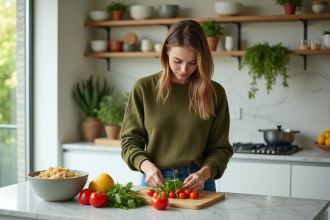 Femme en cuisine préparant une salade colorée