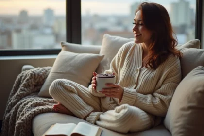 Jeune femme en pyjamas conforts tenant un mugcake chaud