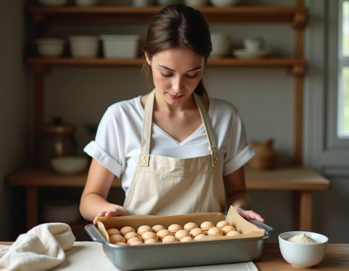 Femme rangeant des coques de macarons vides entre des feuilles de papier sulfurisé dans une boîte en métal