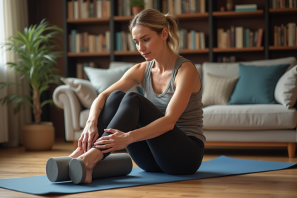 Femme utilisant un rouleau de massage sur la cuisse dans un salon