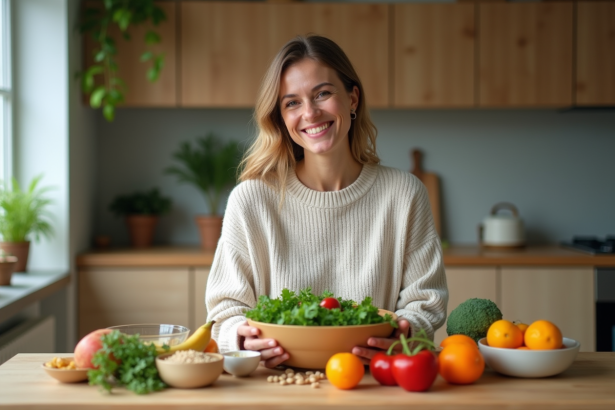 Femme souriante préparant une salade saine dans la cuisine