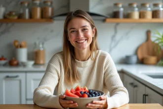 Femme souriante dégustant une salade de fruits frais