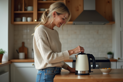 Femme inspectant une bouilloire électrique moderne dans sa cuisine chaleureuse