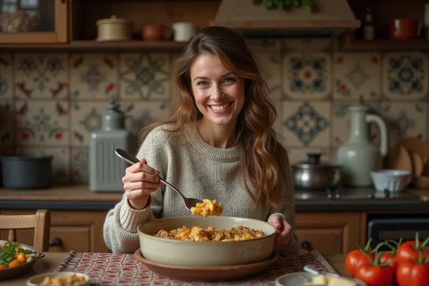 Femme souriante servant une blanquette dans une cuisine chaleureuse