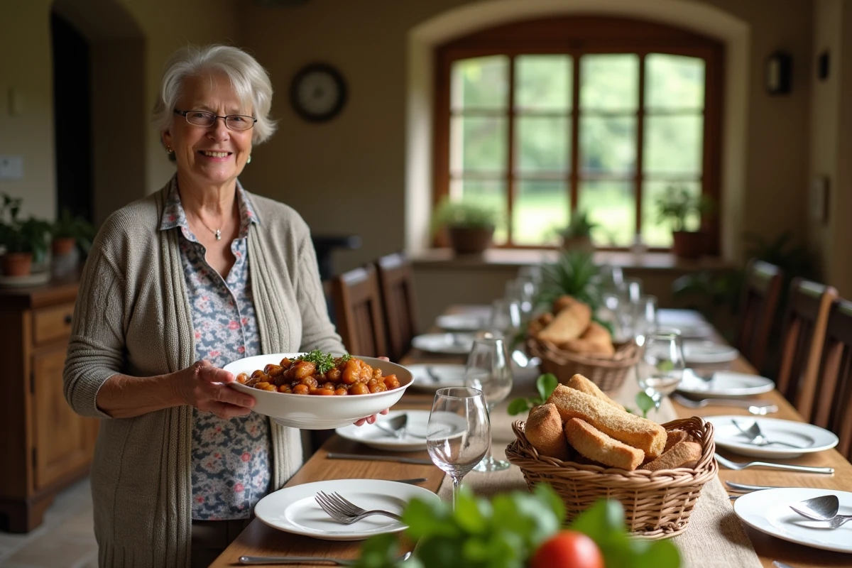 Femme souriante présentant un cassoulet à la table