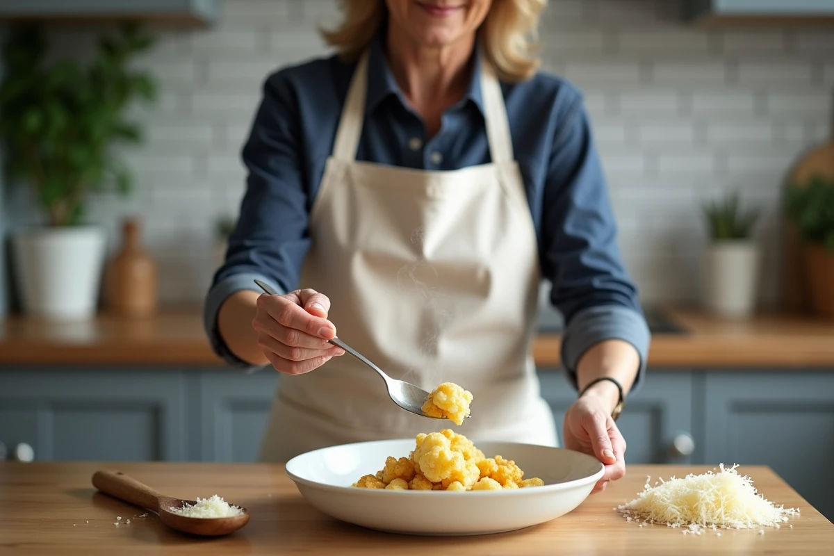 Femme servant une portion de gratin de chou-fleur et pommes de terre dans une cuisine moderne