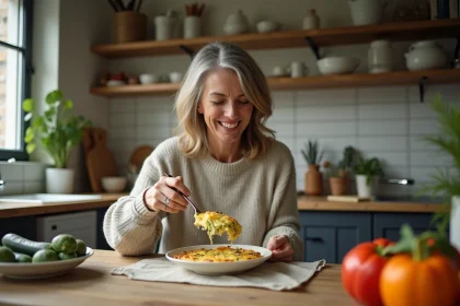 Femme servissant un gratin de zucchini maison dans la cuisine