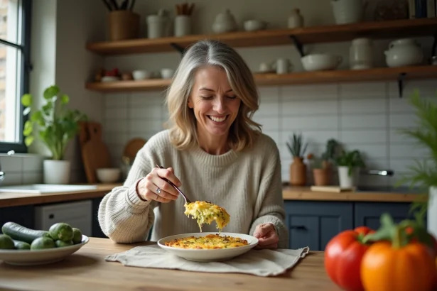 Femme servissant un gratin de zucchini maison dans la cuisine