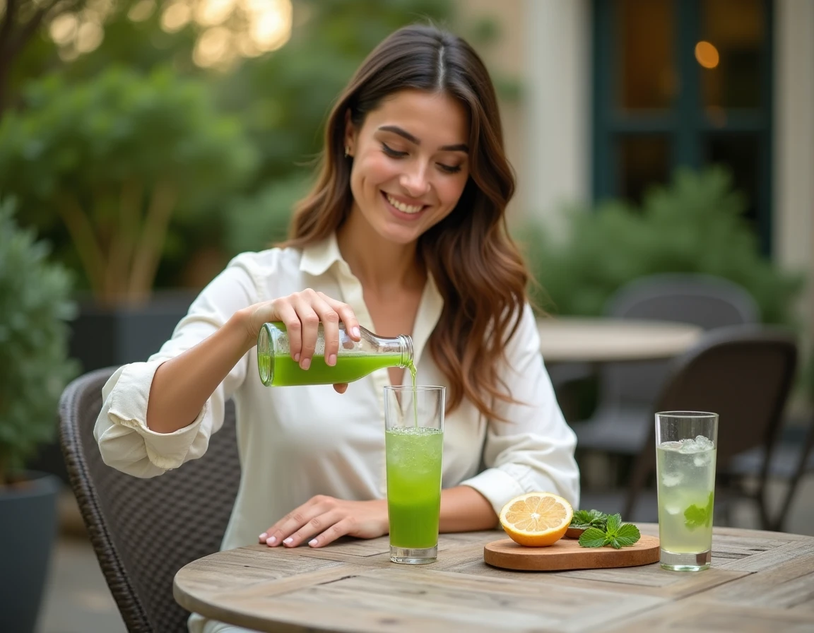 Femme versant du sirop de menthe maison dans un verre pétillant lors d'un apéro improvisé en terrasse