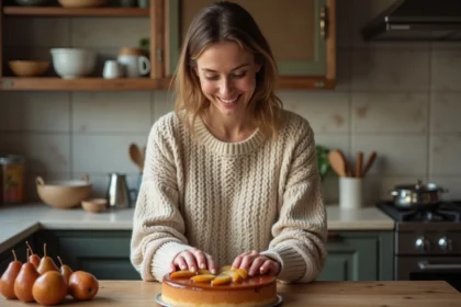 Femme souriante coupe un gâteau aux poires caramélisées