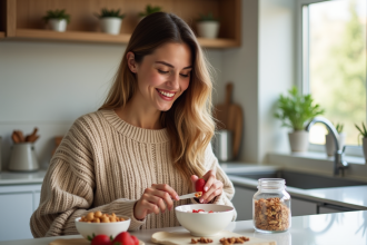 Jeune femme en cuisine coupe des fraises sur du yogourt