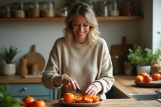 Femme souriante en pull oatmeal coupant une persimmon