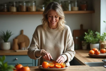 Femme souriante en pull oatmeal coupant une persimmon