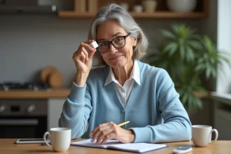 Femme âgée tenant un cube de sucre dans une cuisine chaleureuse