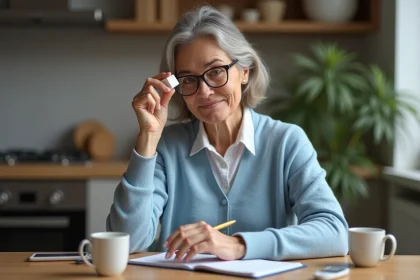 Femme âgée tenant un cube de sucre dans une cuisine chaleureuse