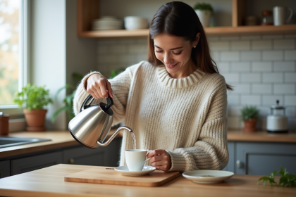 Femme versant de l'eau dans une tasse en cuisine chaleureuse