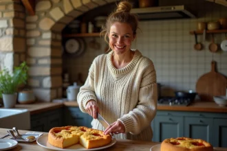 Femme souriante coupe un quatrequarts breton dans une cuisine rustique