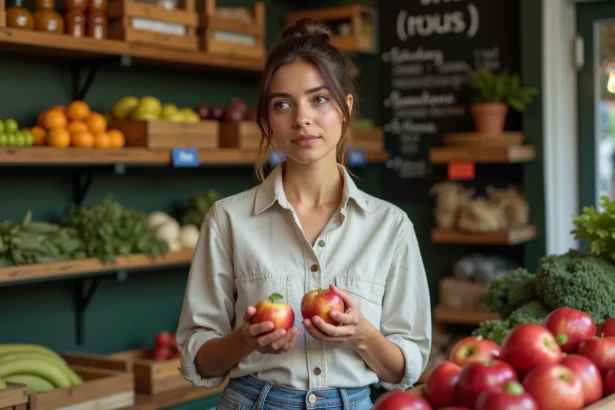 Femme inspectant des pommes bio dans une épicerie locale
