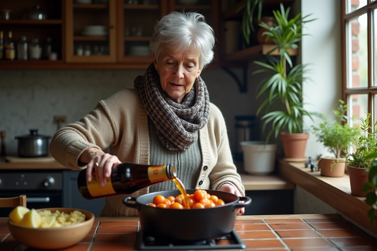 Femme âgée versant de la bière dans une casserole de carbonnade