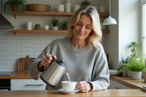 Femme versant de l'eau chaude dans une tasse à thé dans une cuisine moderne
