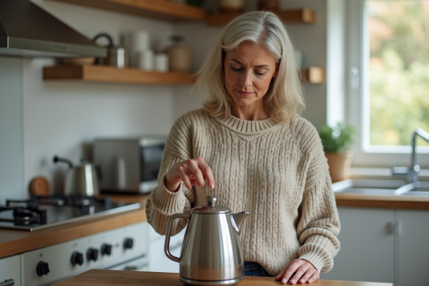 Femme inspectant un vieux kettle électrique dans une cuisine moderne