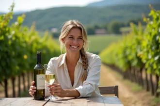 Femme souriante examine un vin Sauvignon Franc en plein air