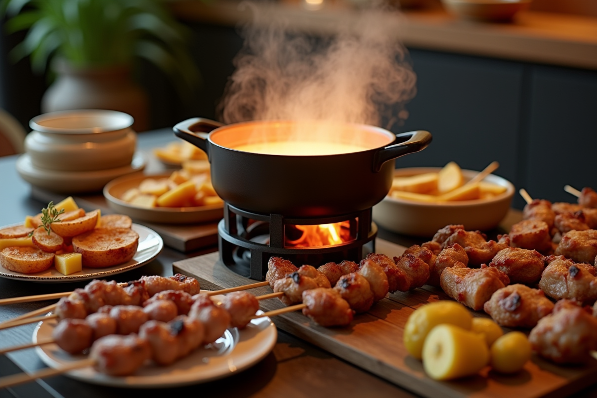 Fête de fondue moderne avec viande et accompagnements créatifs