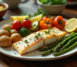 Filet de poisson blanc cuit sur une table rustique avec légumes colorés