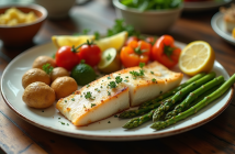 Filet de poisson blanc cuit sur une table rustique avec légumes colorés