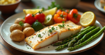 Filet de poisson blanc cuit sur une table rustique avec légumes colorés