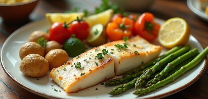 Filet de poisson blanc cuit sur une table rustique avec légumes colorés