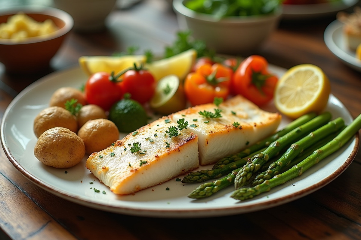 Filet de poisson blanc cuit sur une table rustique avec légumes colorés
