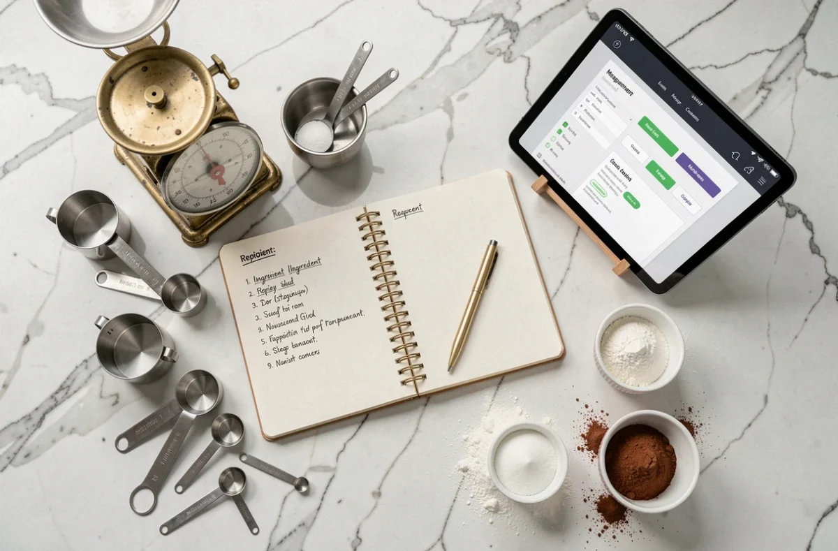 Vue de dessus d'un plan de travail avec cahier de recettes, balance de cuisine et tablette affichant un convertisseur de mesures