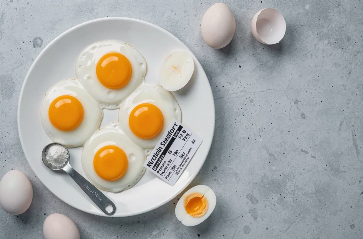 Mise en scène flat lay d'œufs au plat et d'informations nutritionnelles sur les protéines pour sportifs