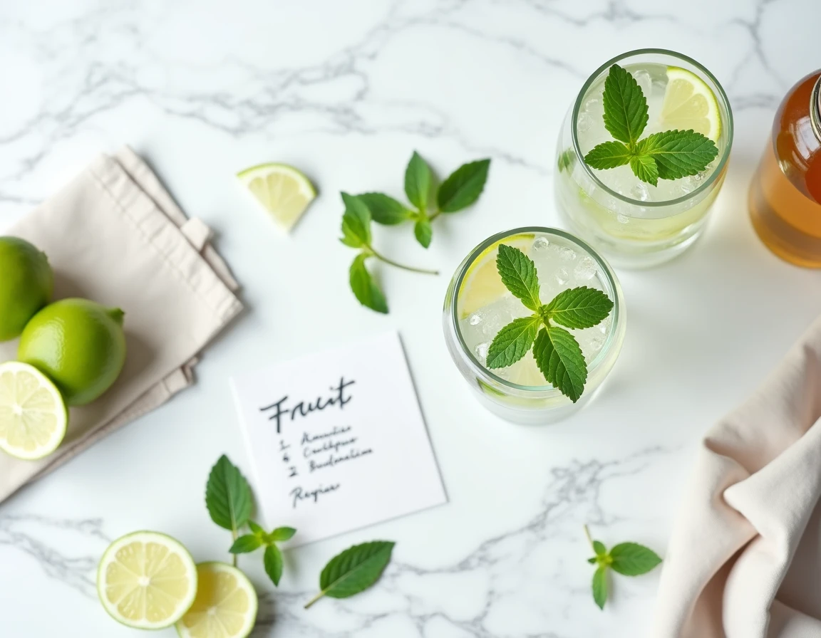 Vue de dessus de verres de sirop de menthe pétillant sur marbre avec feuilles de menthe et carte de recette manuscrite