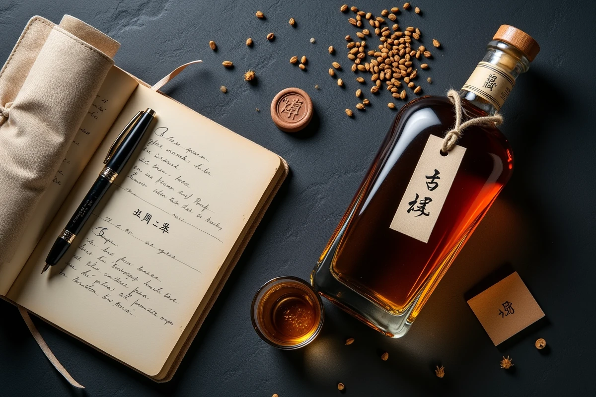 Flat-lay d'une bouteille de whisky japonais édition limitée numérotée avec journal de dégustation, plume et grains d'orge sur ardoise noire