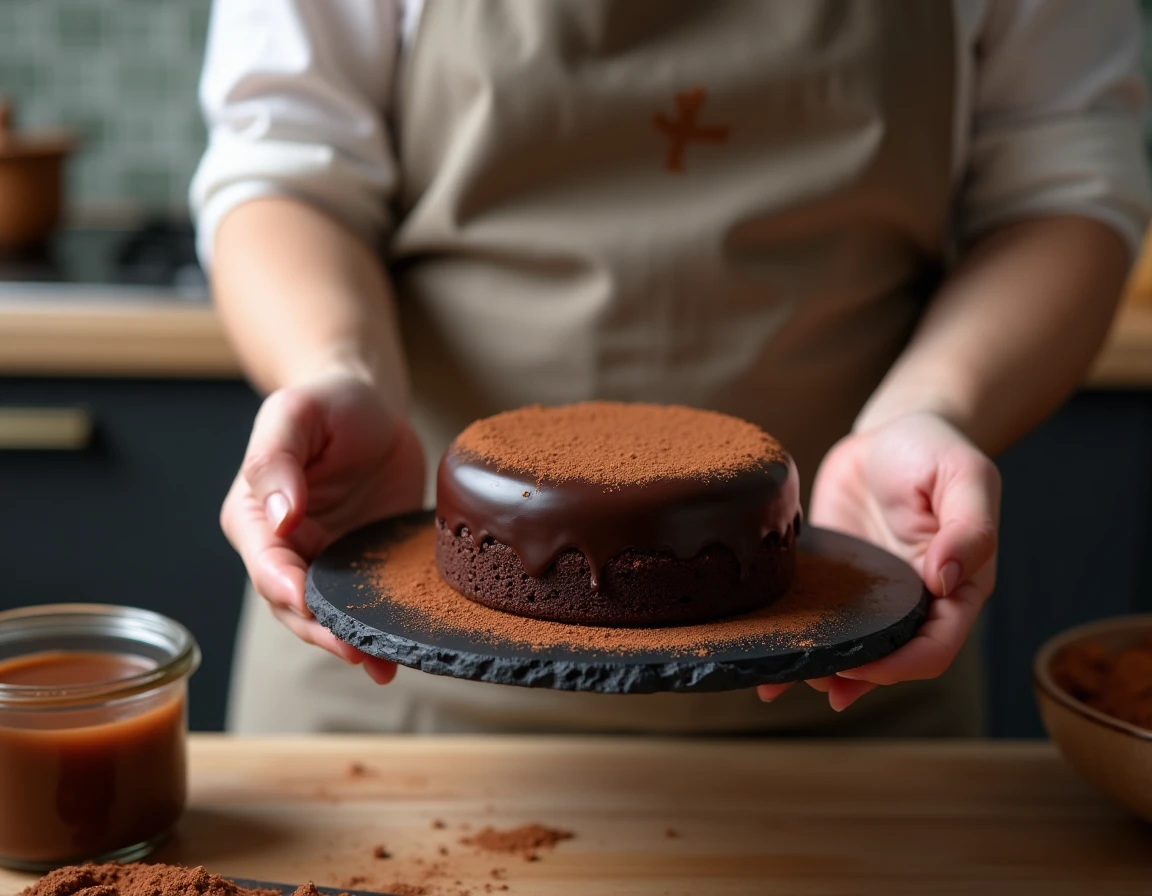 Mains tenant un fondant aux marrons et chocolat sans gluten sur une ardoise, dans une cuisine artisanale avec ingrédients visibles
