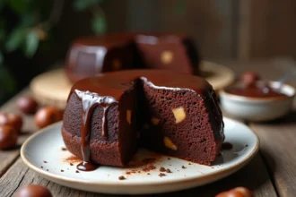 Fondant aux marrons et chocolat sans gluten tranché sur une assiette en céramique blanche, révélant un cœur moelleux et fondant